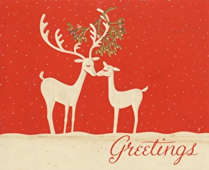 Christmas card, Reindeer kissing under mistletoe Christmas card, Reindeer kissing under mistletoe