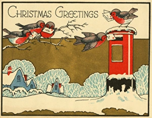 Christmas card, Robins posting Christmas Greetings Christmas card, Robins posting Christmas Greetings