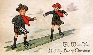 Christmas card, Scottish boys sliding on ice Christmas card, Scottish boys sliding on ice
