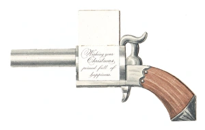 <b class=qtipBold><figcaption>Christmas card in the shape of a gun</figcaption></b><br>Christmas card in the shape of a gun (2 of 2). Date: circa 1890s<br><em>© The David Pearson Collection/Mary Evans Picture Library</em> Christmas card in the shape of a gun
