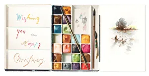 Christmas card in the shape of an open paintbox Christmas card in the shape of an open paintbox