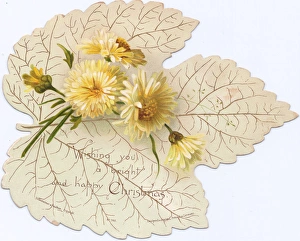 Christmas card in the shape of a white leaf with flowers Christmas card in the shape of a white leaf with flowers
