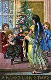 Christmas card, Victorian children with angel and tree Christmas card, Victorian children with angel and tree