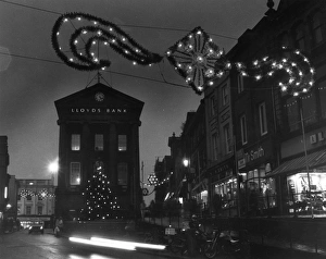 Christmas decorations and bank, Penzance, Cornwall Christmas decorations and bank, Penzance, Cornwall