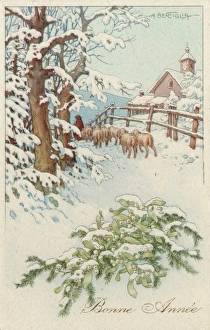 Christmas Greetings postcard depicting a snowy winter scene Christmas Greetings postcard depicting a snowy winter scene