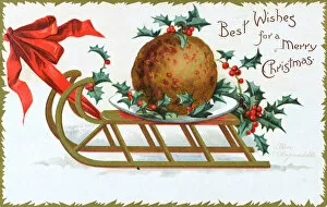 Sleigh Gallery: Christmas Pudding being pulled along atop a wooden sled
