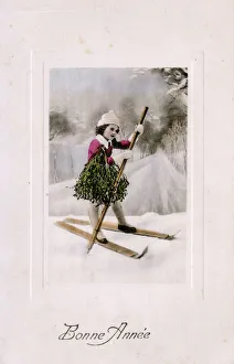 Christmas, Winter - Young girl on Skis brings home Mistletoe Christmas, Winter - Young girl on Skis brings home Mistletoe