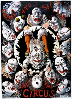 <b class=qtipBold><figcaption>Circus Poster</figcaption></b><br>Circus poster showing clowns with many facial expressions mostly sad or angry, Stafford & Co., Netherfield Date: 19th century<br><em>© Mary Evans / National Archives</em> Circus Poster