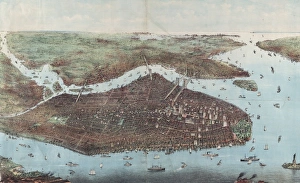 <b class=qtipBold><figcaption>The city of greater New York</figcaption></b><br>The city of greater New York. Bird's-eye view of greater New York with Battery Park on the right and showing the boroughs of Bronx, Queens, Manhattan, Brooklyn, and Richmond, with the Hudson River in the foreground; prominent features and locations are listed below image. Date c1905. Date:<br><em>© Mary Evans / Library of Congress</em> The city of greater New York