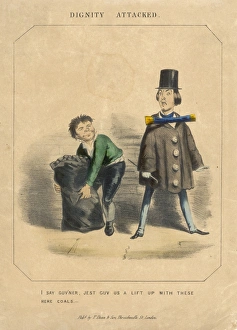 <b class=qtipBold><figcaption>Class Distinctions/Coal</figcaption></b><br>DIGNITY ATTACKED "I say Guv'ner, jest guv us a lift up with these here coals" A rather ridiculously-attired posh gentleman is shocked by a coalboy's impish request<br><em>© Mary Evans Picture Library/GROSVENOR PRINTS</em> Class Distinctions/Coal