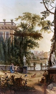 <b class=qtipBold><figcaption>Classical landscape, by J C Jacobi</figcaption></b><br>Classical landscape with palace, statues and figures, by J C Jacobi (fl. 1780-1810). (3 of 4)<br><em>© Mary Evans Picture Library</em> Classical landscape, by J C Jacobi