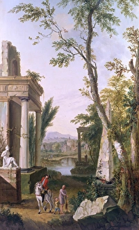 <b class=qtipBold><figcaption>Classical landscape, by J C Jacobi</figcaption></b><br>Classical landscape with ruined temple, statue, obelisk and figures, by J C Jacobi (fl. 1780-1810). (2 of 4)<br><em>© Mary Evans Picture Library</em> Classical landscape, by J C Jacobi