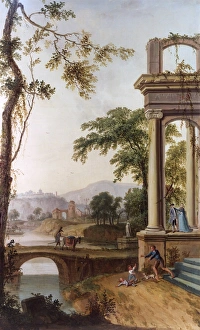<b class=qtipBold><figcaption>Classical landscape, by J C Jacobi</figcaption></b><br>Classical landscape with ruined temple, a statue, a bridge and figures, by J C Jacobi (fl. 1780-1810). (4 of 4)<br><em>© Mary Evans Picture Library</em> Classical landscape, by J C Jacobi