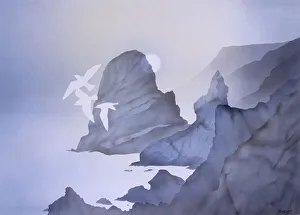 <b class=qtipBold><figcaption>Coastal scene with seagulls</figcaption></b><br>Three seagulls fly over a rocky coastline in the pale blue evening light. Airbrush painting by Malcolm Greensmith<br><em>© Mary Evans/Malcolm Greensmith Collection</em> Coastal scene with seagulls