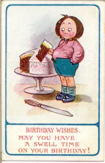 Comic birthday postcard, Boy with large cake, and a swelling stomach Date Comic birthday postcard, Boy with large cake, and a swelling stomach Date