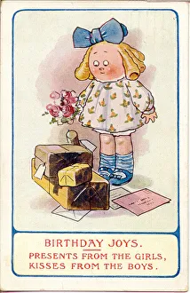 Comic birthday postcard, Girl with presents, cards and flowers Date: 20th century Comic birthday postcard, Girl with presents, cards and flowers Date: 20th century