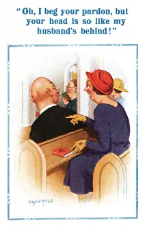 Comic postcard, bald-headed man in church Date: 20th century Comic postcard, bald-headed man in church Date: 20th century