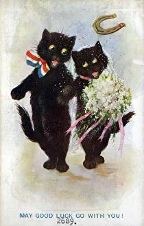 Comic postcard, Two black cats getting married - Good Luck Date: circa 1918 Comic postcard, Two black cats getting married - Good Luck Date: circa 1918
