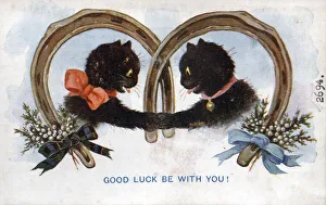 Comic postcard, Two black cats on Good Luck card Comic postcard, Two black cats on Good Luck card