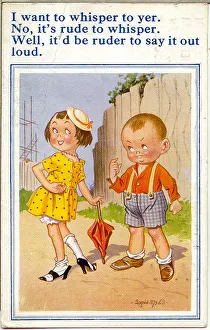 Comic postcard, Boy and girl chatting Date: 20th century Comic postcard, Boy and girl chatting Date: 20th century