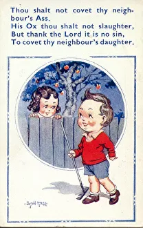 Comic postcard, Boy and girl, garden fence Comic postcard, Boy and girl, garden fence