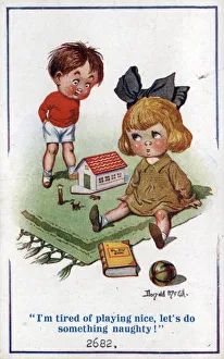 Comic postcard, Boy and girl playing Date: circa 1918 Comic postcard, Boy and girl playing Date: circa 1918