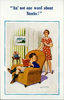 Comic postcard, Boy reading Home Doctor book Date: 20th century Comic postcard, Boy reading Home Doctor book Date: 20th century