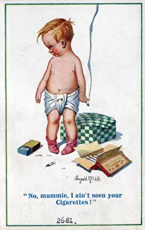 Comic postcard, Boy smoking mother's cigarettes Date: circa 1918 Comic postcard, Boy smoking mother's cigarettes Date: circa 1918