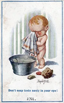 Comic postcard, Boy with soap in his eye Date: circa 1918 Comic postcard, Boy with soap in his eye Date: circa 1918