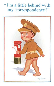 Comic postcard, Boy soldier posting a letter, WW2 Comic postcard, Boy soldier posting a letter, WW2