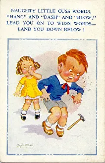 Thumb Gallery: Comic postcard, Boy swearing in front of girl Date: 20th century