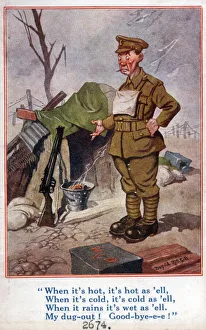 Comic postcard, British soldier in dugout, WW1 Comic postcard, British soldier in dugout, WW1