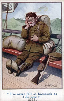 Comic postcard, British soldier homesick on rough seas, WW1 Date: circa 1918 Comic postcard, British soldier homesick on rough seas, WW1 Date: circa 1918