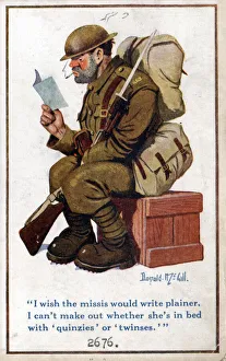 Comic postcard, British soldier reading letter from wife, WW1 Date: circa 1918 Comic postcard, British soldier reading letter from wife, WW1 Date: circa 1918