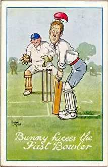 Comic postcard, Bunny faces the fast bowler Date: 20th century Comic postcard, Bunny faces the fast bowler Date: 20th century