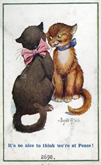 Comic postcard, Two cats enjoying the peace, WW1 Date: circa 1918 Comic postcard, Two cats enjoying the peace, WW1 Date: circa 1918
