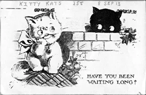 Comic postcard, Two cats in a garden - Have you been waiting long? Date: 1913 Comic postcard, Two cats in a garden - Have you been waiting long? Date: 1913