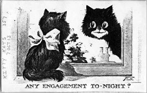 Comic postcard, Two cats at a window - Any engagement tonight? Date: 1913 Comic postcard, Two cats at a window - Any engagement tonight? Date: 1913