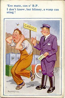 Wasp Gallery: Comic postcard, Chauffeur buying petrol Date: 20th century
