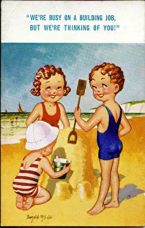 Comic postcard, Three children building sandcastle Date: 20th century Comic postcard, Three children building sandcastle Date: 20th century