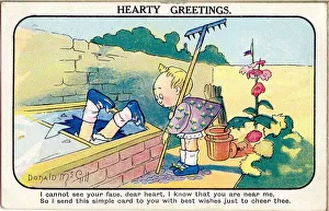 Comic postcard, Two children in a garden Date: 20th century Comic postcard, Two children in a garden Date: 20th century
