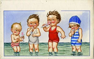 Comic postcard, Four children paddling in the sea, eating pink sticks of rock Date Comic postcard, Four children paddling in the sea, eating pink sticks of rock Date