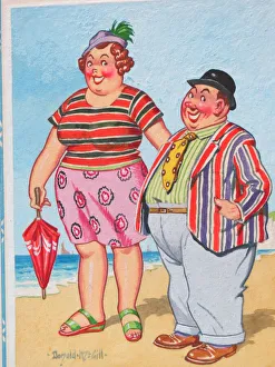Comic postcard, Colourful couple on the beach Comic postcard, Colourful couple on the beach