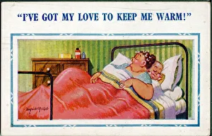 Comic postcard, Couple asleep in bed Date: 20th century Comic postcard, Couple asleep in bed Date: 20th century