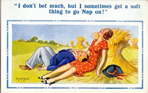 Comic postcard, Couple asleep in the countryside Date: 20th century Comic postcard, Couple asleep in the countryside Date: 20th century