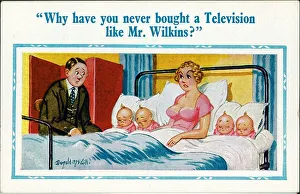 Comic postcard, Couple with four babies Date: 20th century Comic postcard, Couple with four babies Date: 20th century