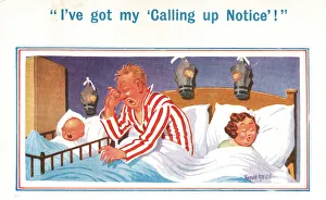 Comic postcard, Couple and baby in bed with gas masks, WW2 - calling up notice Date Comic postcard, Couple and baby in bed with gas masks, WW2 - calling up notice Date