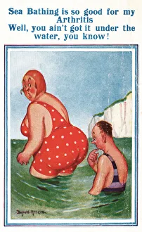 Comic postcard, couple bathing in the sea Comic postcard, couple bathing in the sea