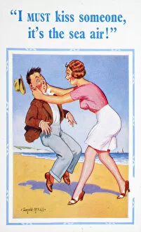 Images Dated 4th September 2014: Comic postcard, Couple on the beach Date: circa 1955
