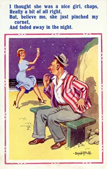 Comic postcard, Couple on the beach at night - theft of ice cream cornet Date Comic postcard, Couple on the beach at night - theft of ice cream cornet Date
